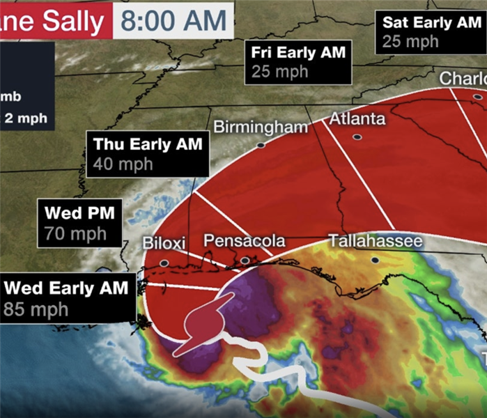 a screen shot of Hurricane Sally's path and predicted wind speeds